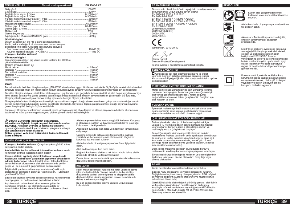 Türkçe | AEG DB 1500-2 XE User Manual | Page 20 / 35