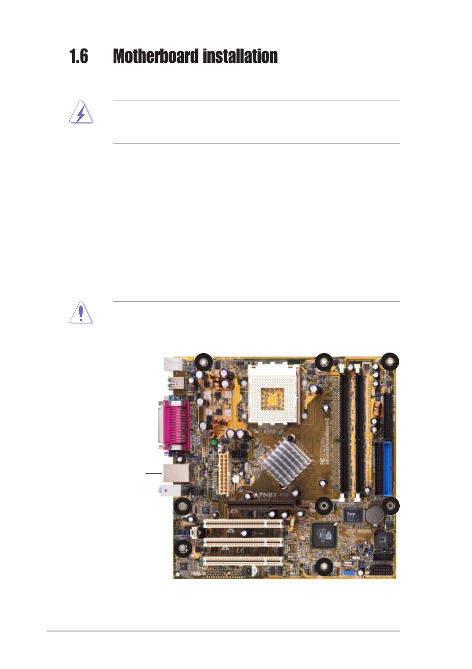 6 motherboard installation, 1 placement direction, 2 screw holes | Asus A7N8X-VM/400 User Manual | Page 18 / 64