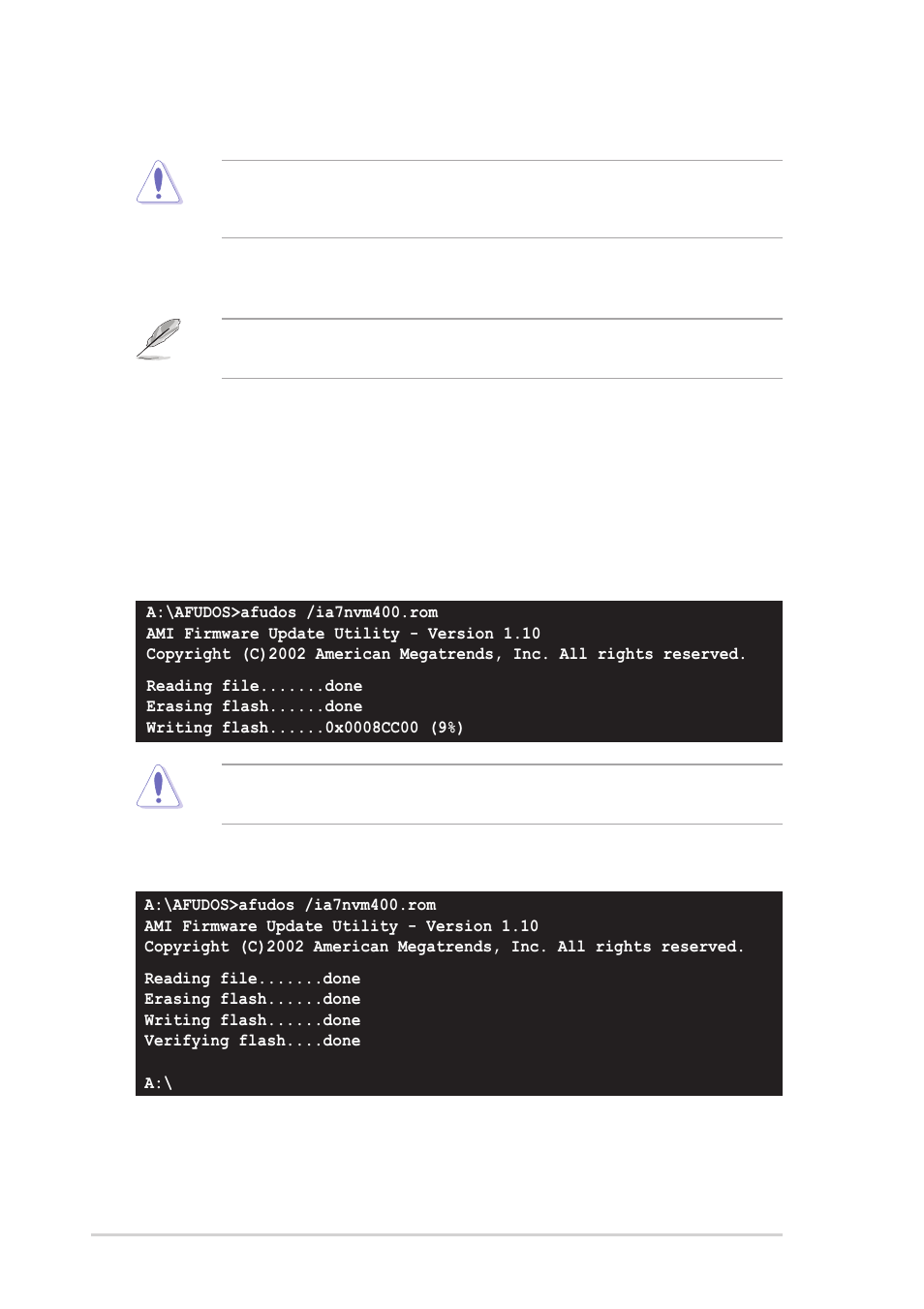 3 using afudos to update the bios | Asus A7N8X-VM/400 User Manual | Page 36 / 64