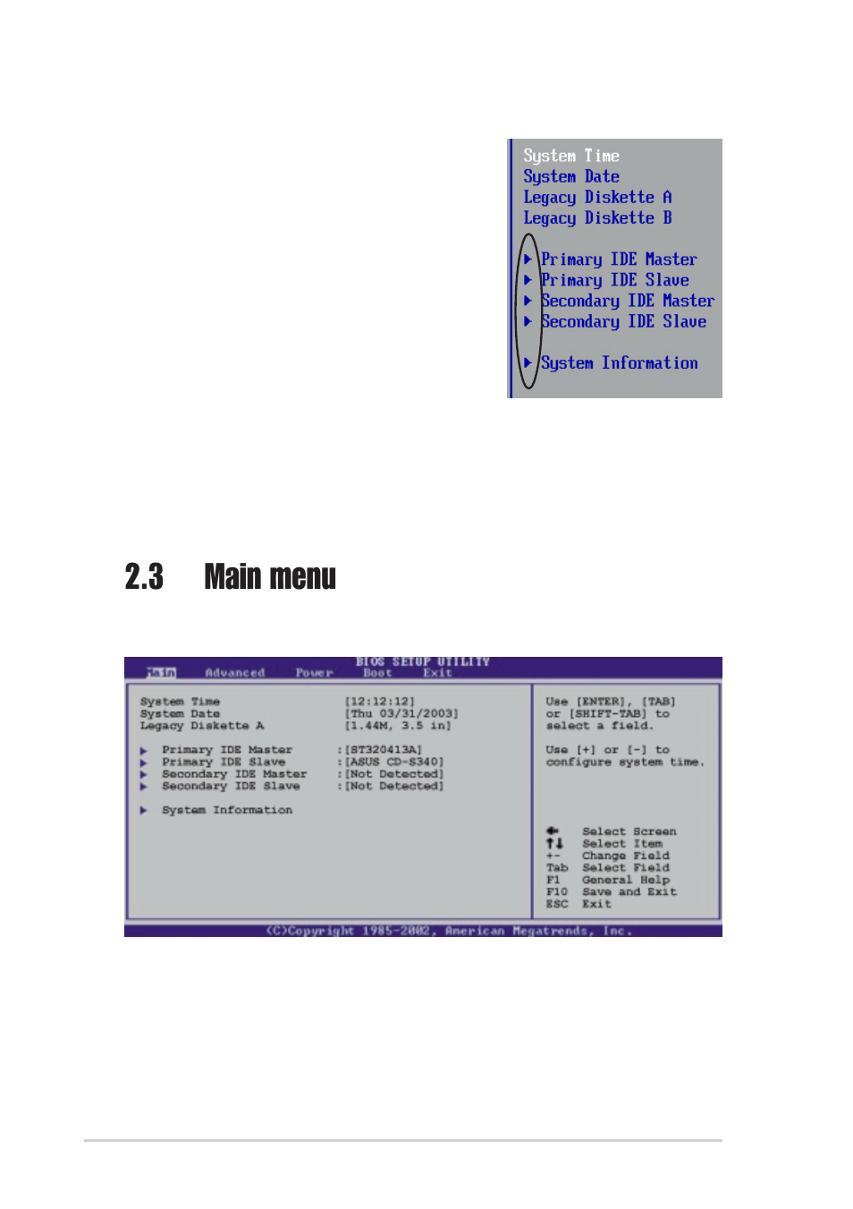 3 main menu | Asus A7N8X-VM/400 User Manual | Page 42 / 64