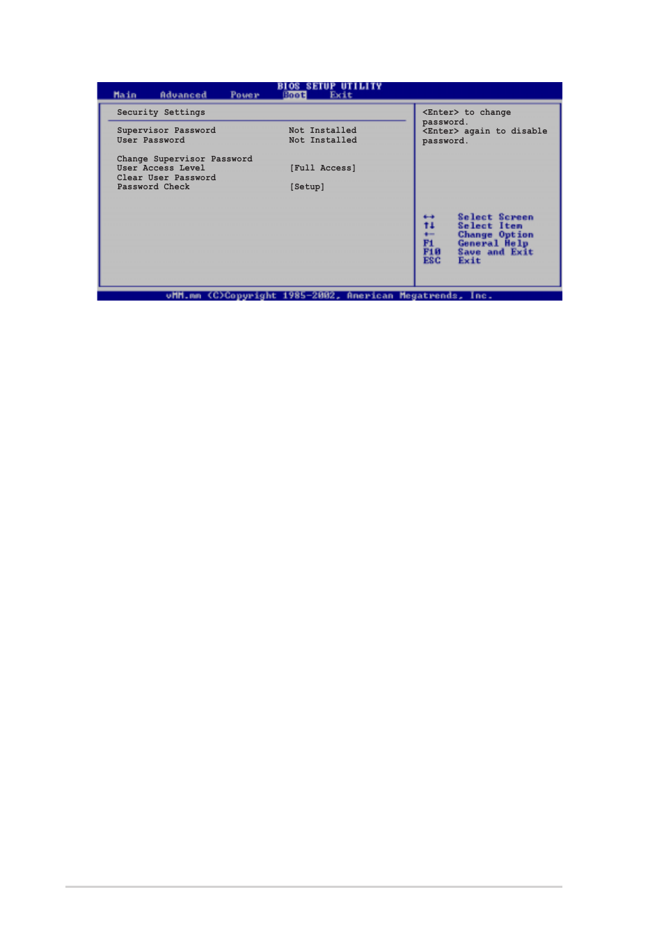 User access level (full access, Change user password, Clear user password | Password check [setup | Asus A7N8X-VM/400 User Manual | Page 56 / 64