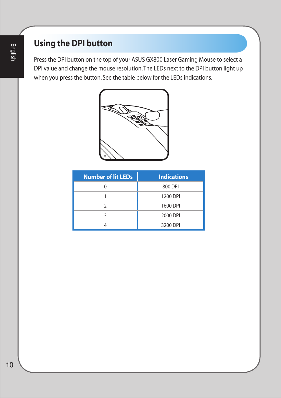 Using the dpi button | Asus LASER GAMING MOUSE GX800 User Manual | Page 10 / 10