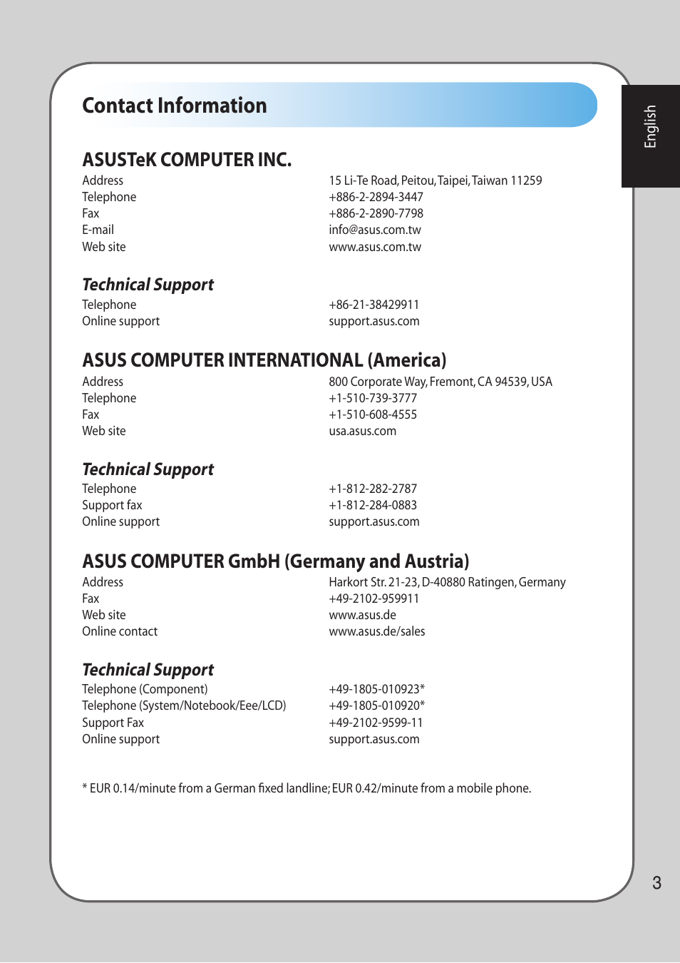 Contact information, Asustek computer inc, Asus computer international (america) | Asus computer gmbh (germany and austria), Technical support | Asus LASER GAMING MOUSE GX800 User Manual | Page 3 / 10