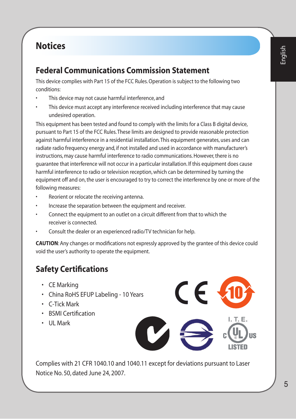 Notices, Safety certifications, Federal communications commission statement | Asus LASER GAMING MOUSE GX800 User Manual | Page 5 / 10