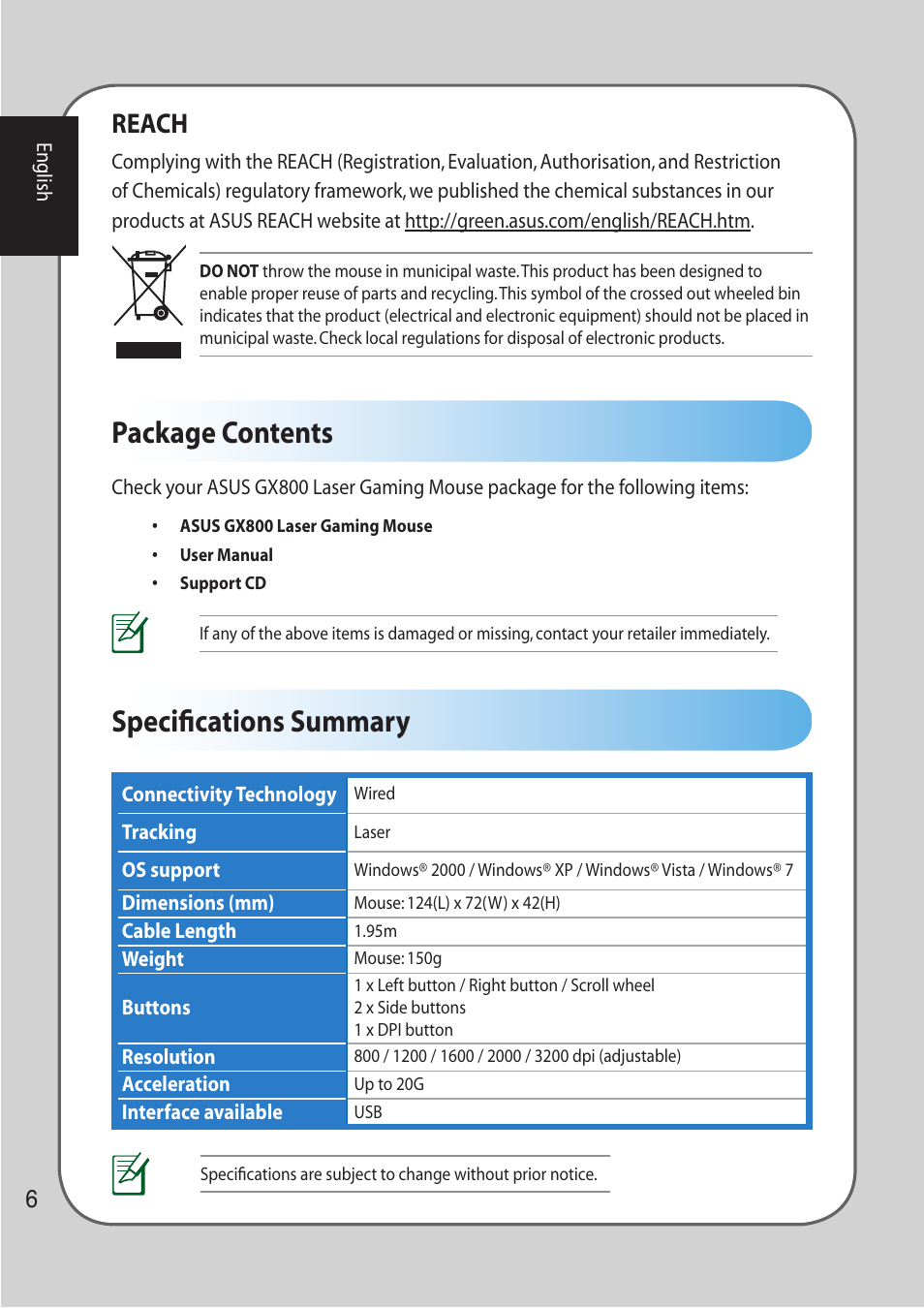 Package contents, Specifications summary, Package contents specifications summary | Reach | Asus LASER GAMING MOUSE GX800 User Manual | Page 6 / 10