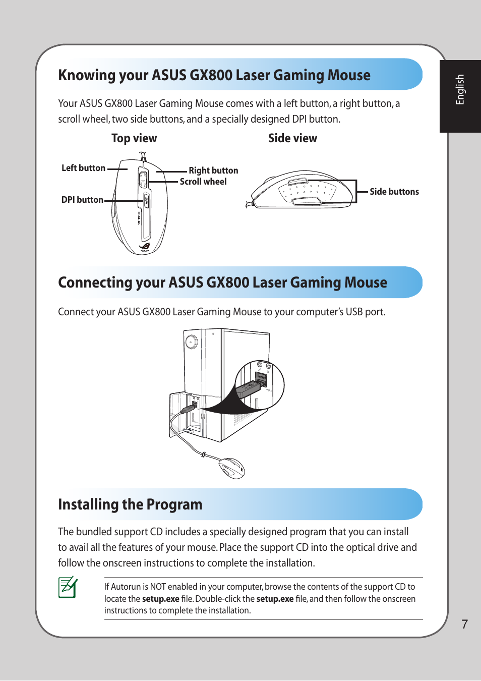 Knowing your asus gx800 laser gaming mouse, Connecting your asus gx800 laser gaming mouse, Installing the program | Asus LASER GAMING MOUSE GX800 User Manual | Page 7 / 10