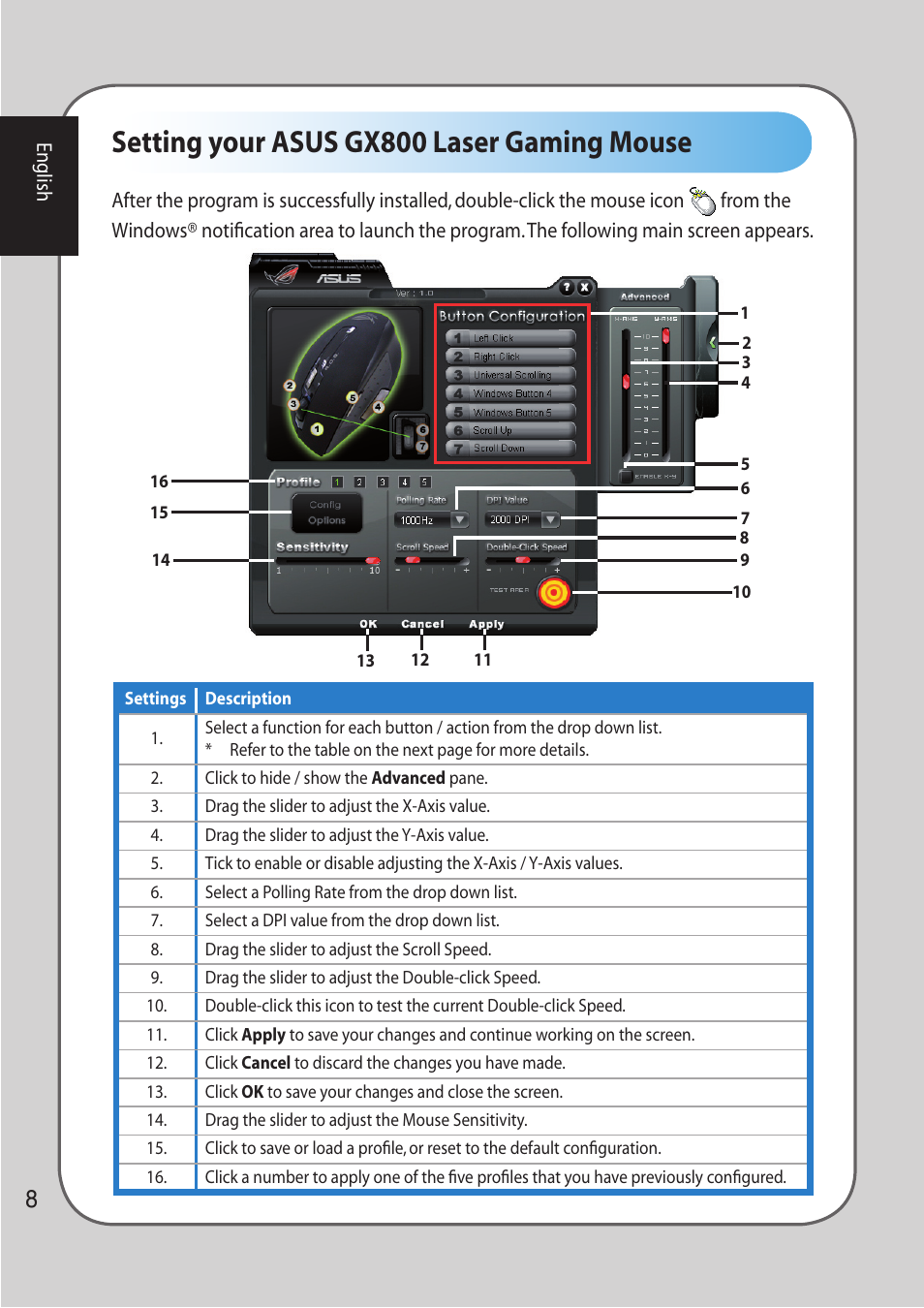 Setting your asus gx800 laser gaming mouse | Asus LASER GAMING MOUSE GX800 User Manual | Page 8 / 10