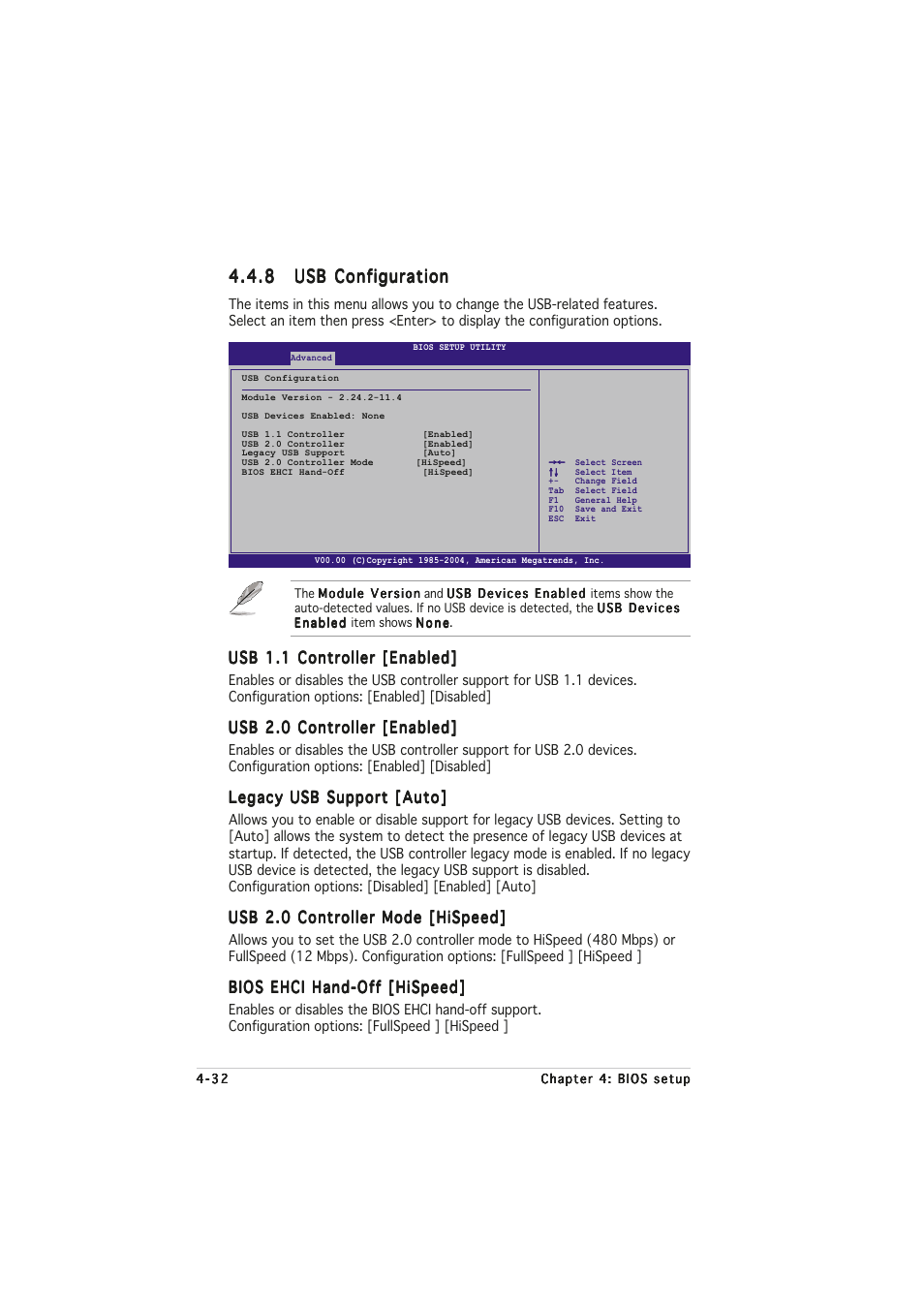 Usb 1.1 controller [enabled, Usb 2.0 controller [enabled, Legacy usb support [auto | Usb 2.0 controller mode [hispeed, Bios ehci hand-off [hispeed | Asus A8N32-SLI User Manual | Page 100 / 164