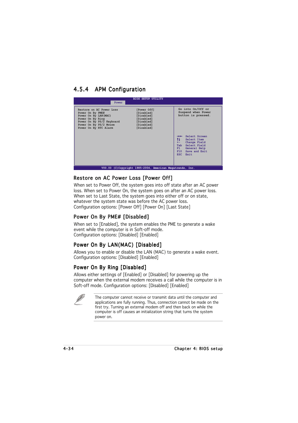 Restore on ac power loss [power off, Power on by pme# [disabled, Power on by lan(mac) [disabled | Power on by ring [disabled | Asus A8N32-SLI User Manual | Page 102 / 164