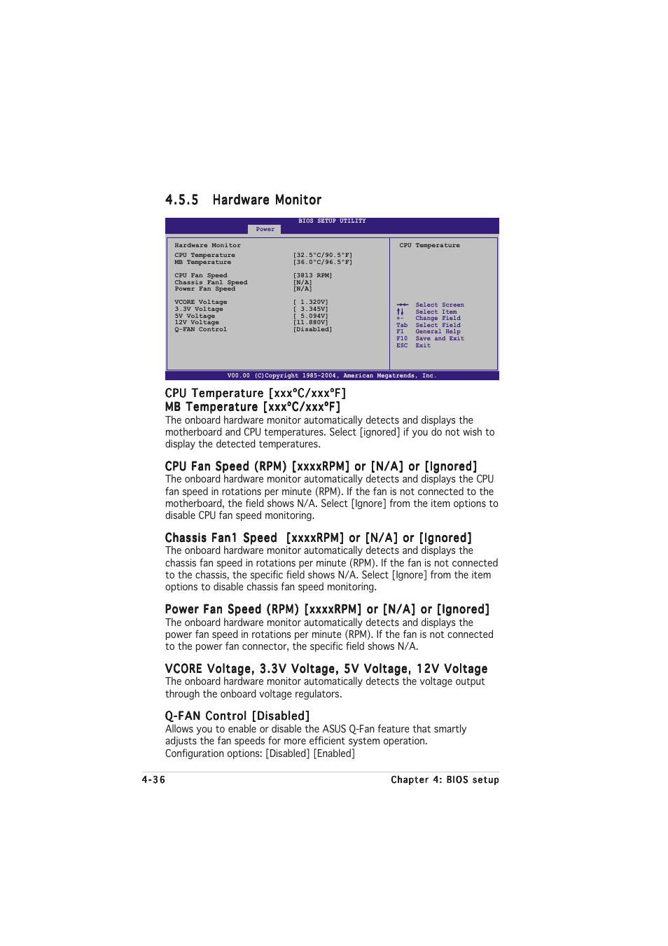 Cpu temperature [xxxºc/xxxºf, Q-fan control [disabled | Asus A8N32-SLI User Manual | Page 104 / 164