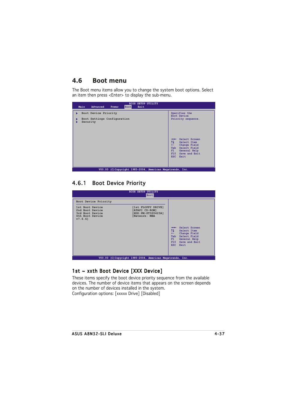 6 boot menu, 1st ~ xxth boot device [xxx device | Asus A8N32-SLI User Manual | Page 105 / 164