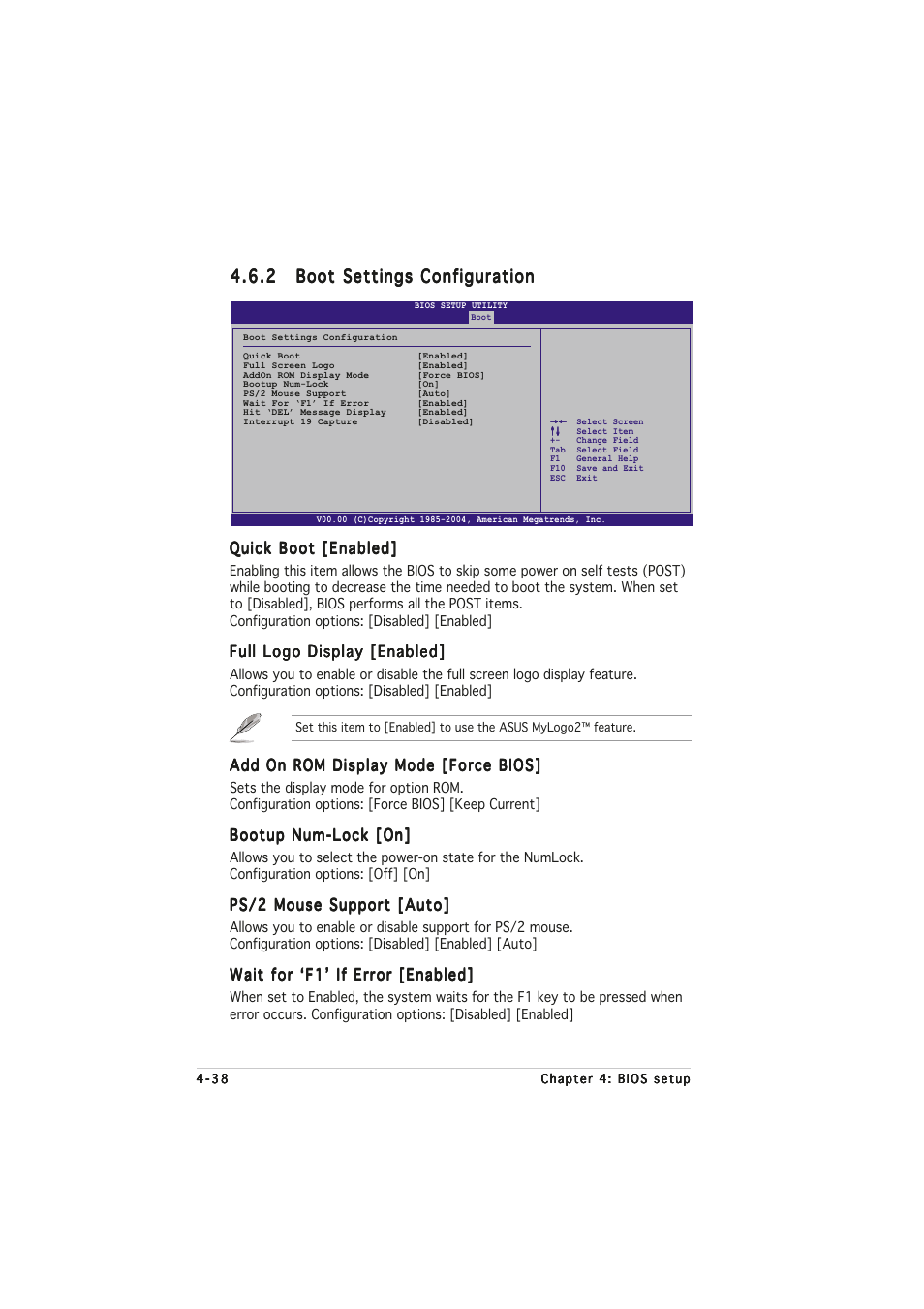 Quick boot [enabled, Full logo display [enabled, Add on rom display mode [force bios | Bootup num-lock [on, Ps/2 mouse support [auto, Wait for ‘f1’ if error [enabled | Asus A8N32-SLI User Manual | Page 106 / 164