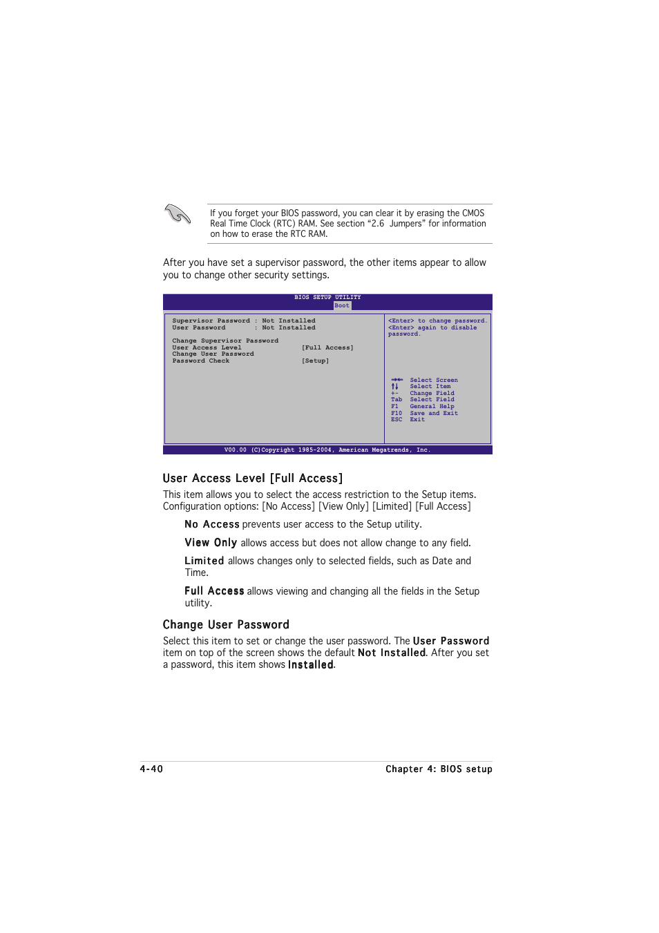 User access level [full access, Change user password | Asus A8N32-SLI User Manual | Page 108 / 164