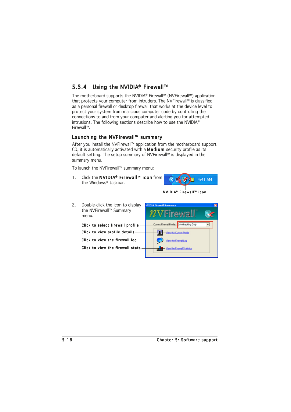 Firewall, Launching the nvfirewall™ summary | Asus A8N32-SLI User Manual | Page 131 / 164