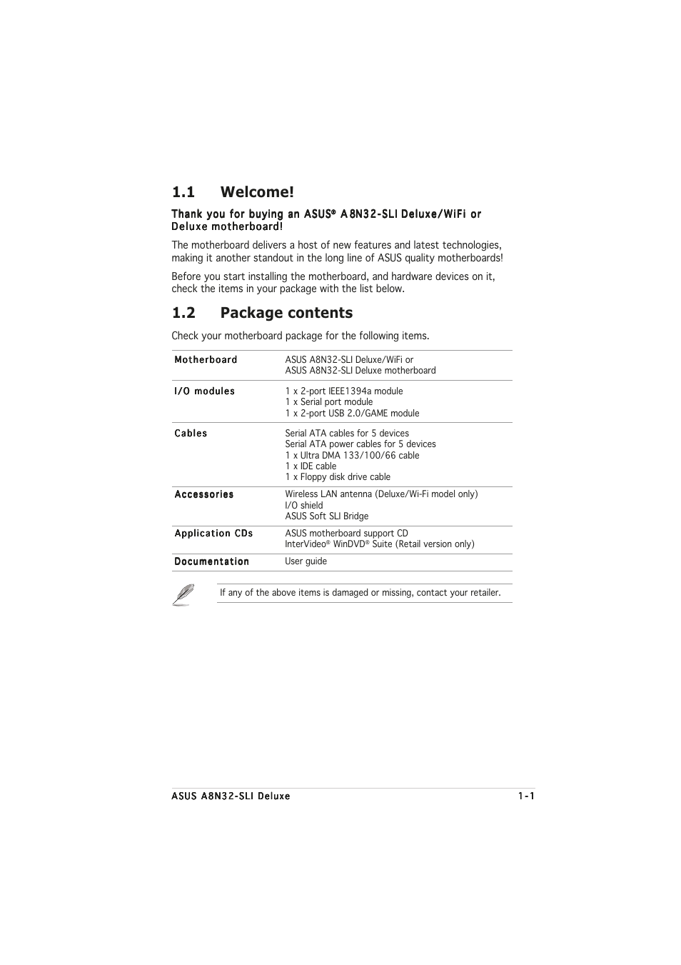 1 welcome, 2 package contents | Asus A8N32-SLI User Manual | Page 17 / 164