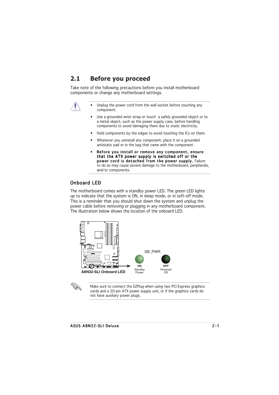 1 before you proceed, Onboard led | Asus A8N32-SLI User Manual | Page 27 / 164