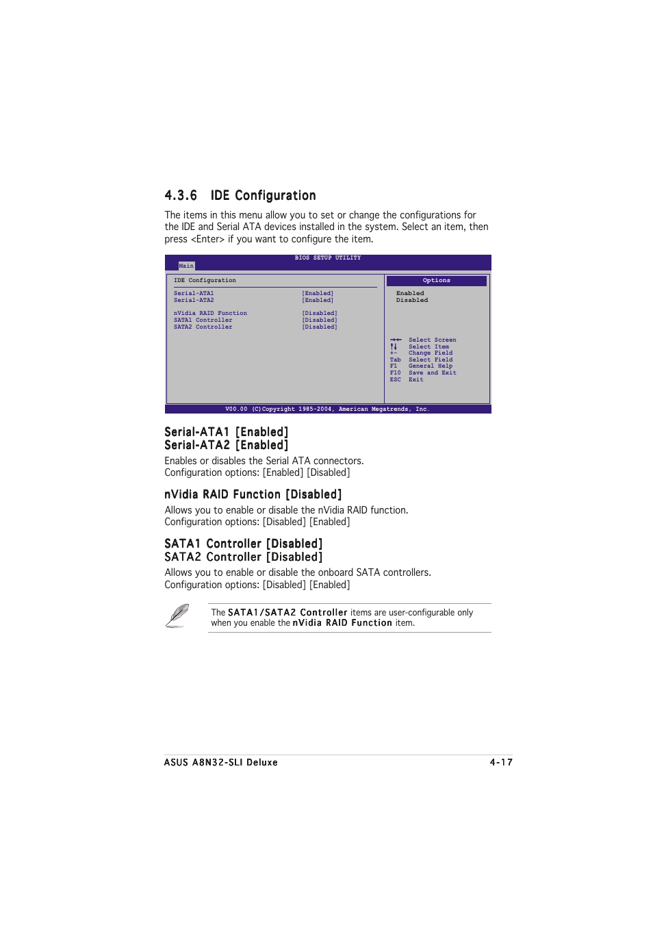 Serial-ata1 [enabled, Nvidia raid function [disabled, Sata1 controller [disabled | Asus A8N32-SLI User Manual | Page 85 / 164