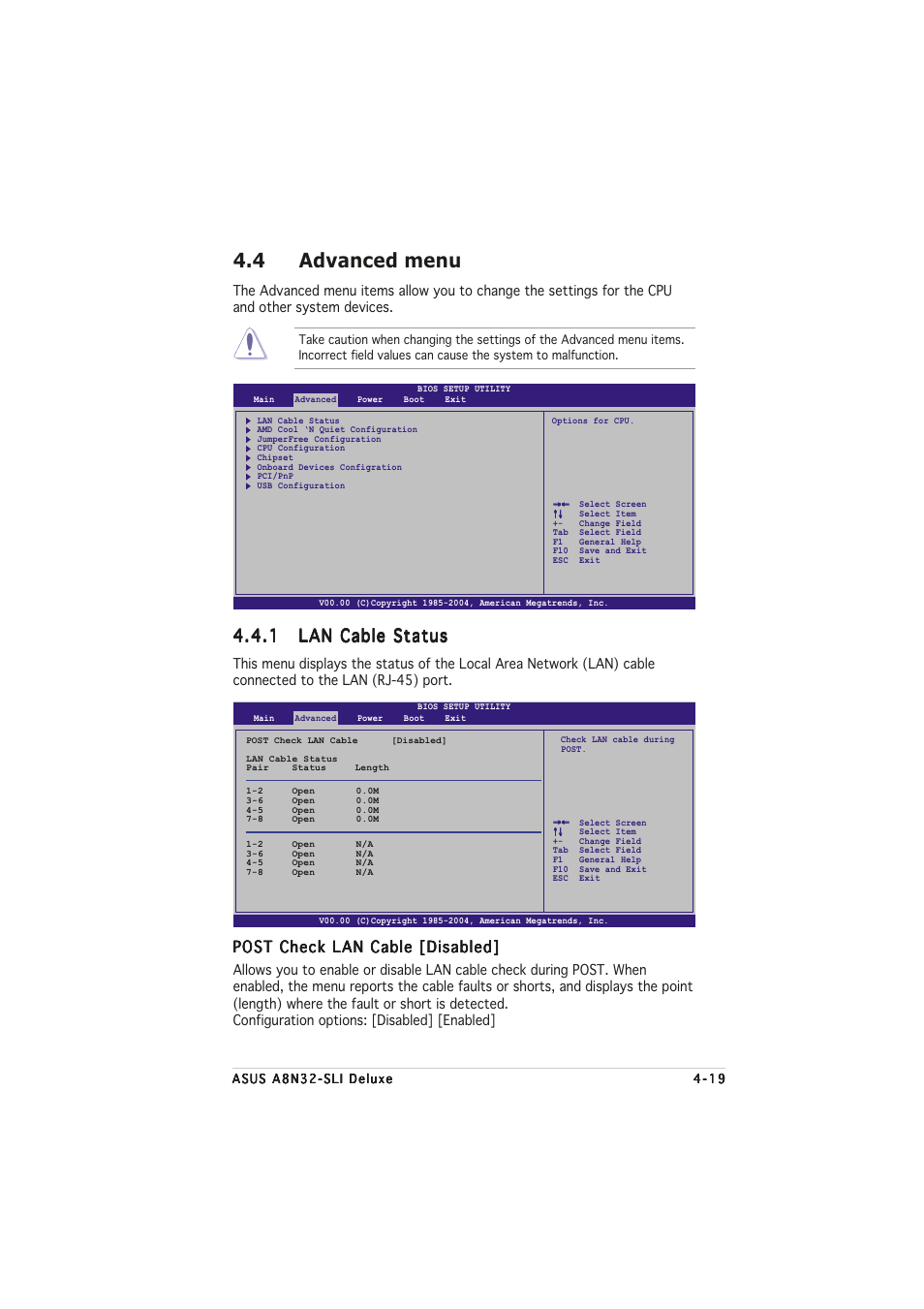 4 advanced menu, Post check lan cable [disabled | Asus A8N32-SLI User Manual | Page 87 / 164