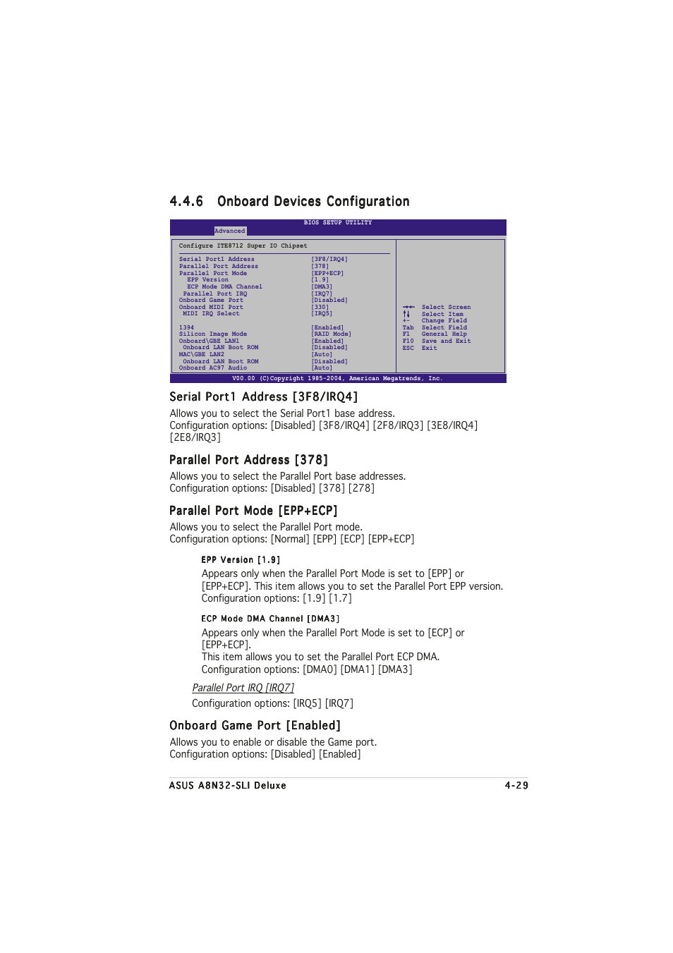 Serial port1 address [3f8/irq4, Parallel port address [378, Parallel port mode [epp+ecp | Onboard game port [enabled | Asus A8N32-SLI User Manual | Page 97 / 164