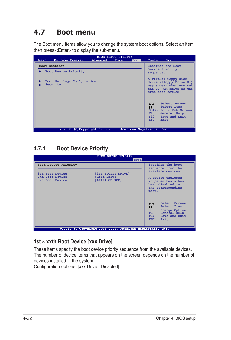 7 boot menu, 1 boot device priority, 1st ~ xxth boot device [xxx drive | Asus E2938 User Manual | Page 100 / 154