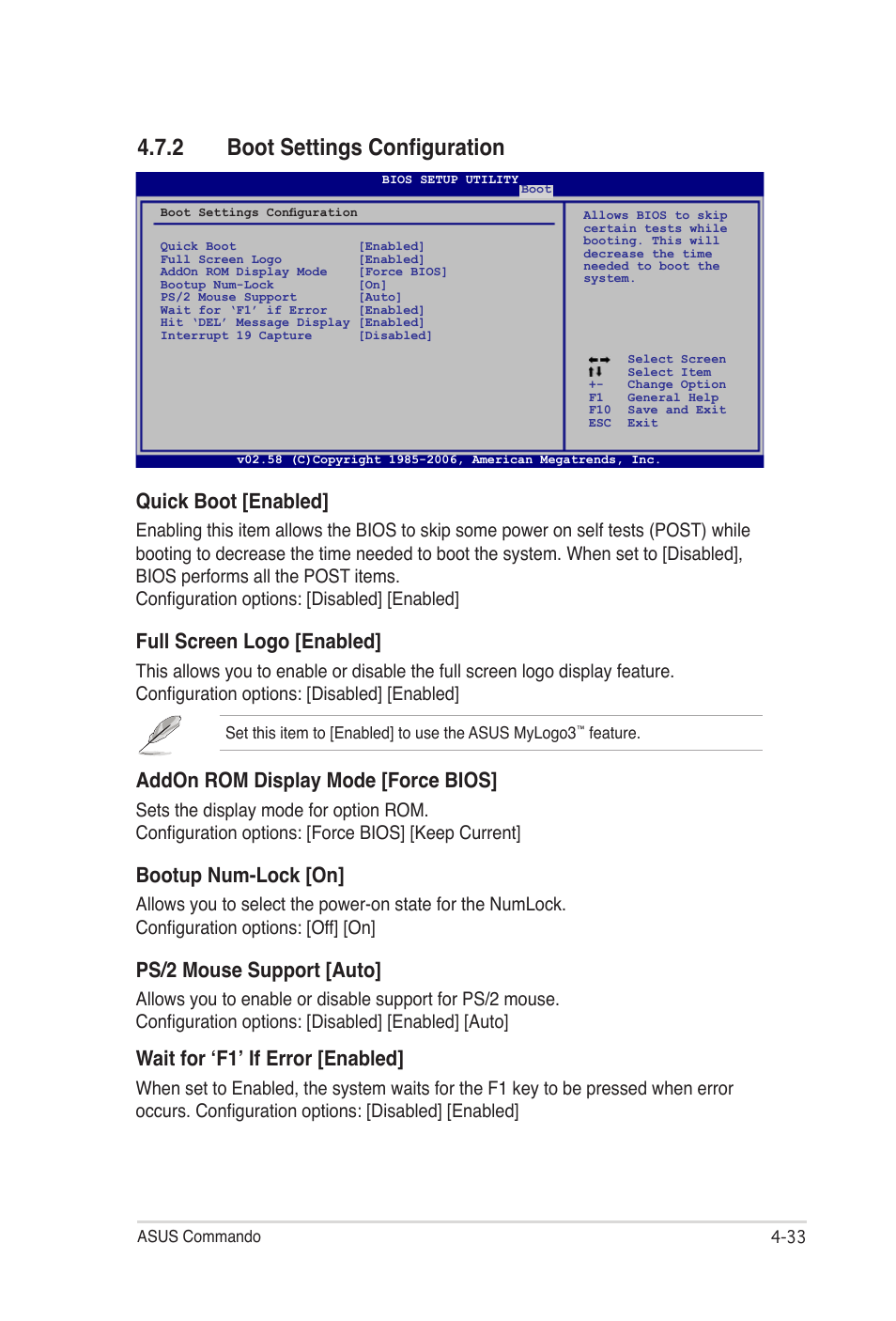 2 boot settings configuration, Quick boot [enabled, Full screen logo [enabled | Addon rom display mode [force bios, Bootup num-lock [on, Ps/2 mouse support [auto, Wait for ‘f1’ if error [enabled | Asus E2938 User Manual | Page 101 / 154