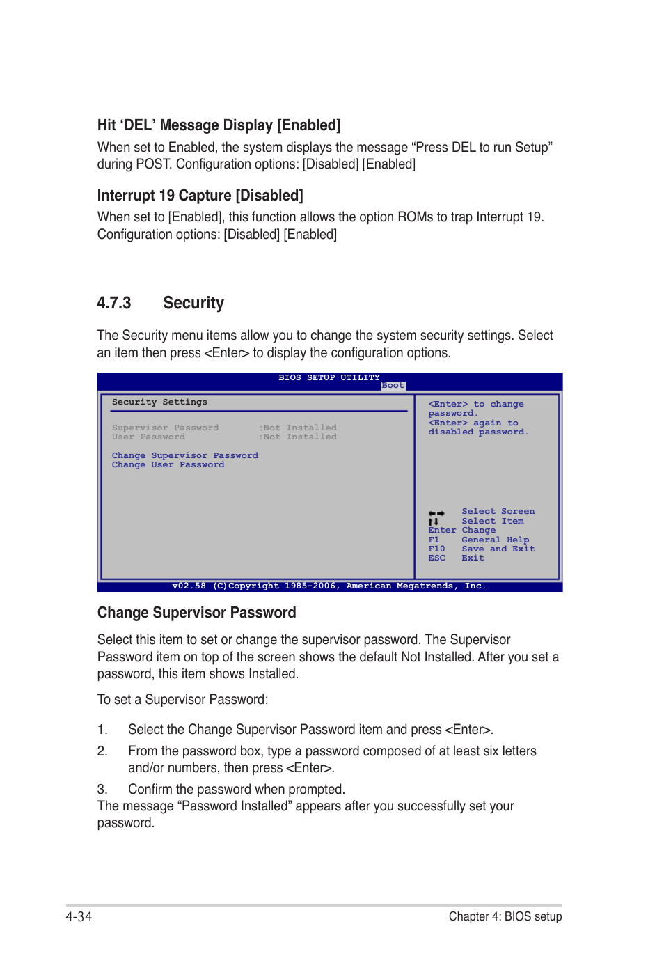 3 security, Hit ‘del’ message display [enabled, Interrupt 19 capture [disabled | Change supervisor password | Asus E2938 User Manual | Page 102 / 154