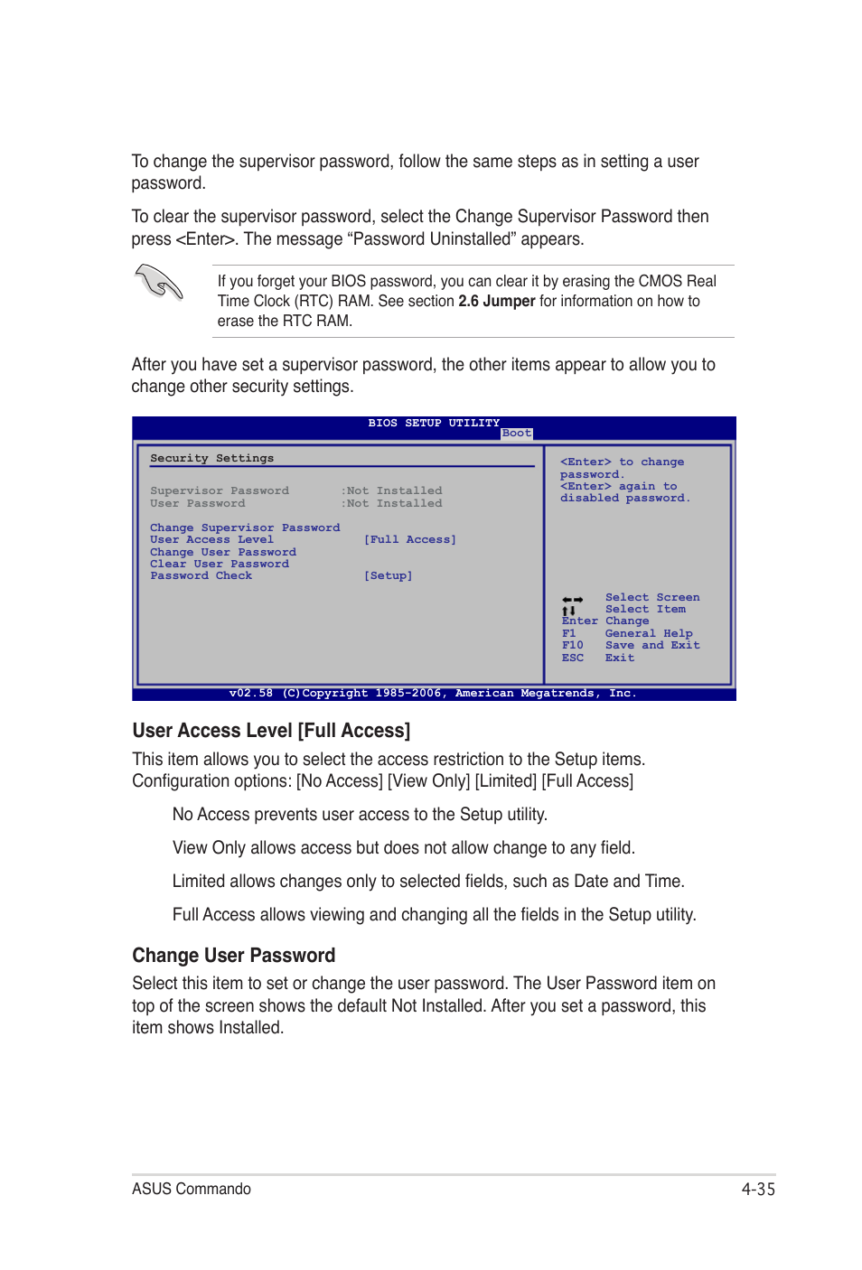 User access level [full access, Change user password | Asus E2938 User Manual | Page 103 / 154
