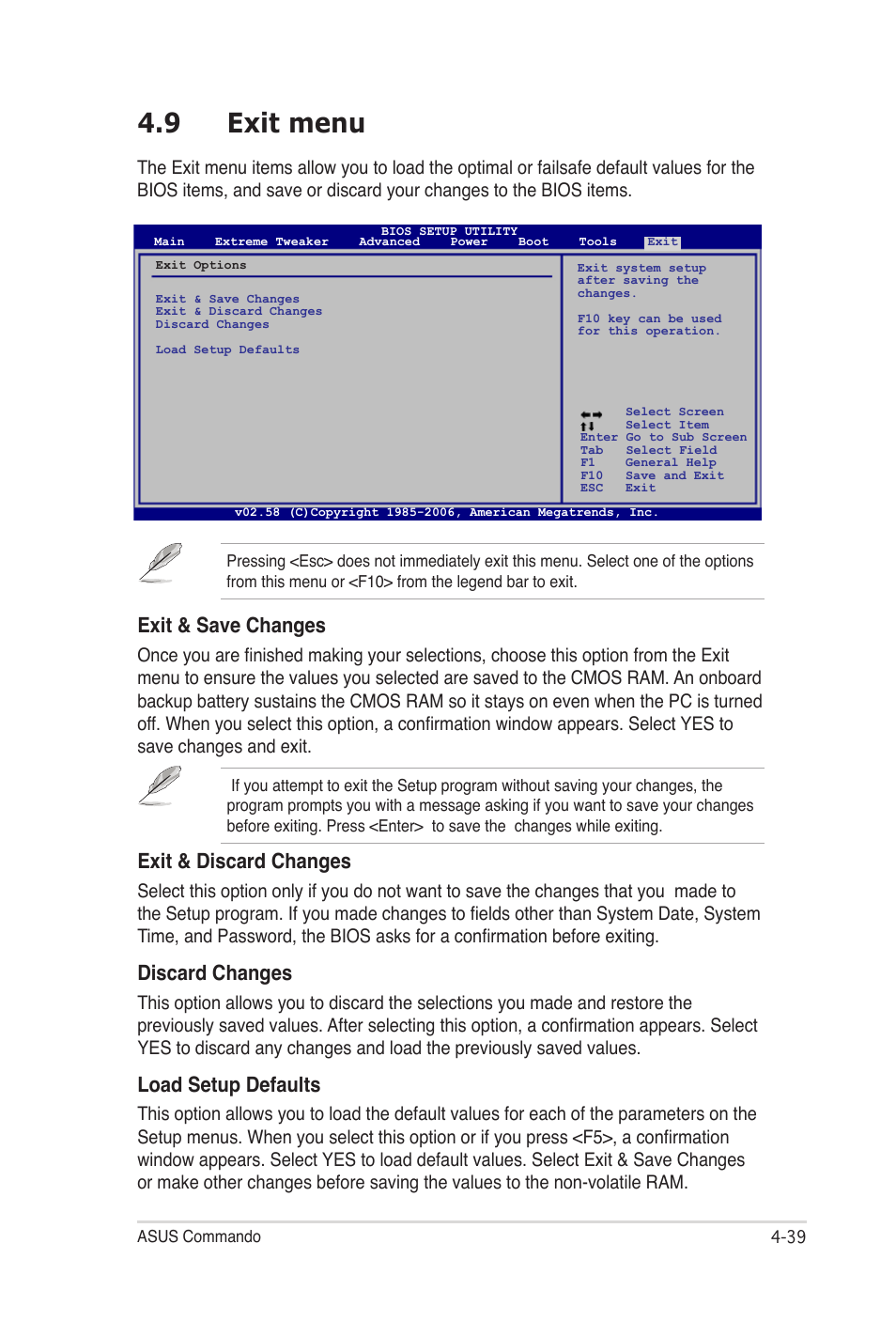 9 exit menu, Exit & save changes, Exit & discard changes | Discard changes, Load setup defaults | Asus E2938 User Manual | Page 107 / 154