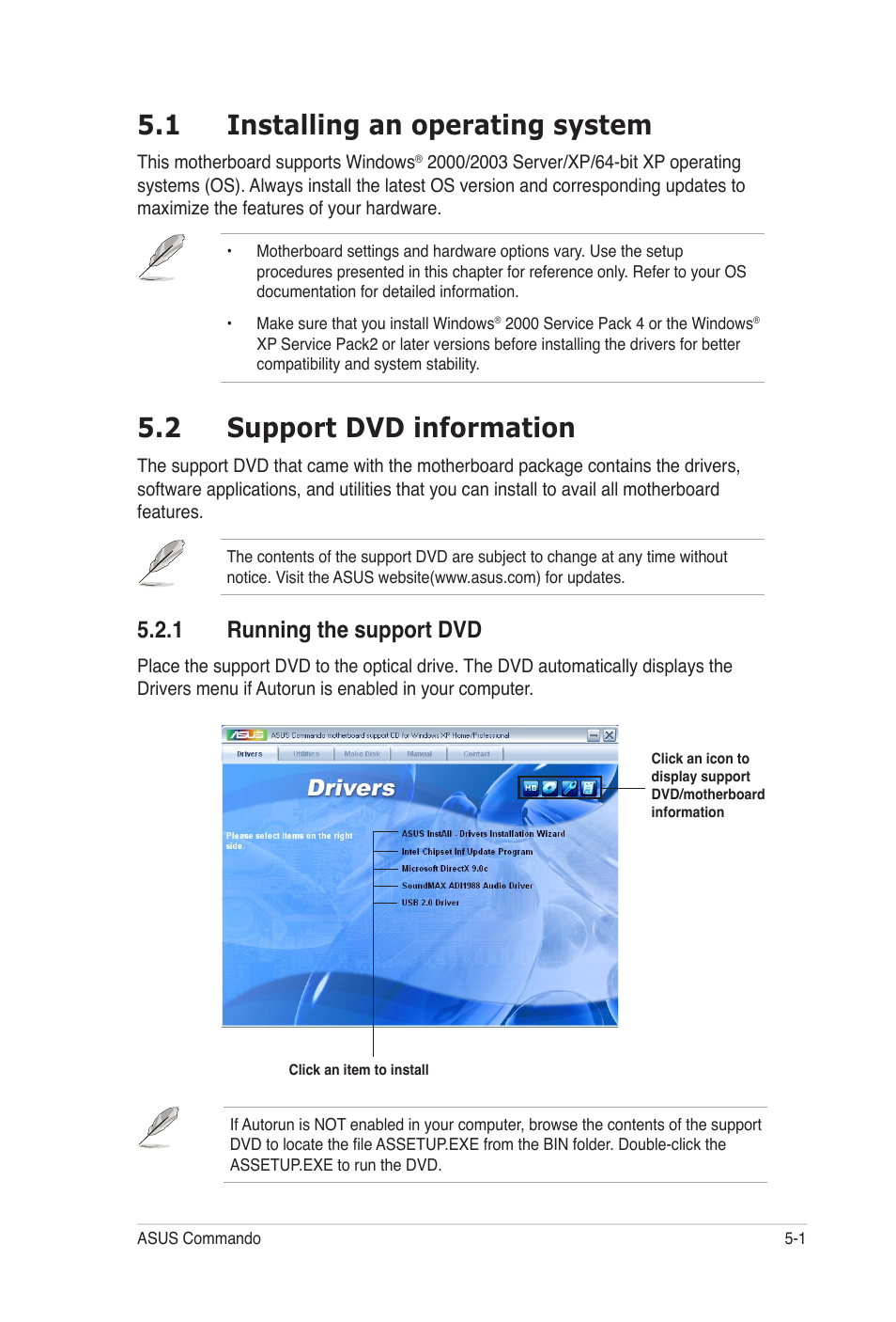 1 installing an operating system, 2 support dvd information, 1 running the support dvd | Asus E2938 User Manual | Page 111 / 154