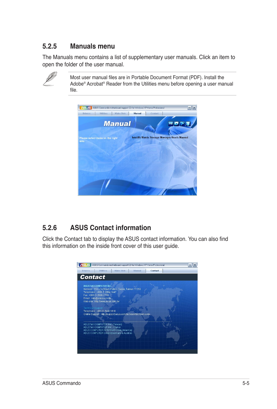5 manuals menu, 6 asus contact information | Asus E2938 User Manual | Page 115 / 154