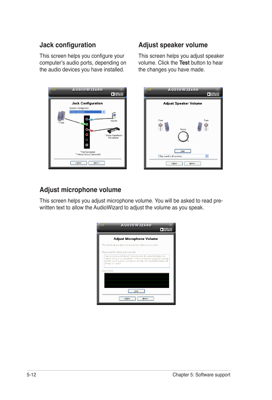 Jack configuration, Adjust microphone volume, Adjust speaker volume | Asus E2938 User Manual | Page 122 / 154