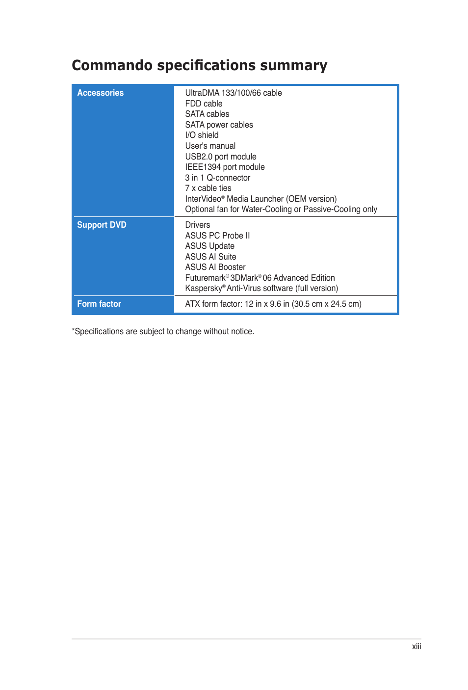 Commando specifications summary | Asus E2938 User Manual | Page 13 / 154