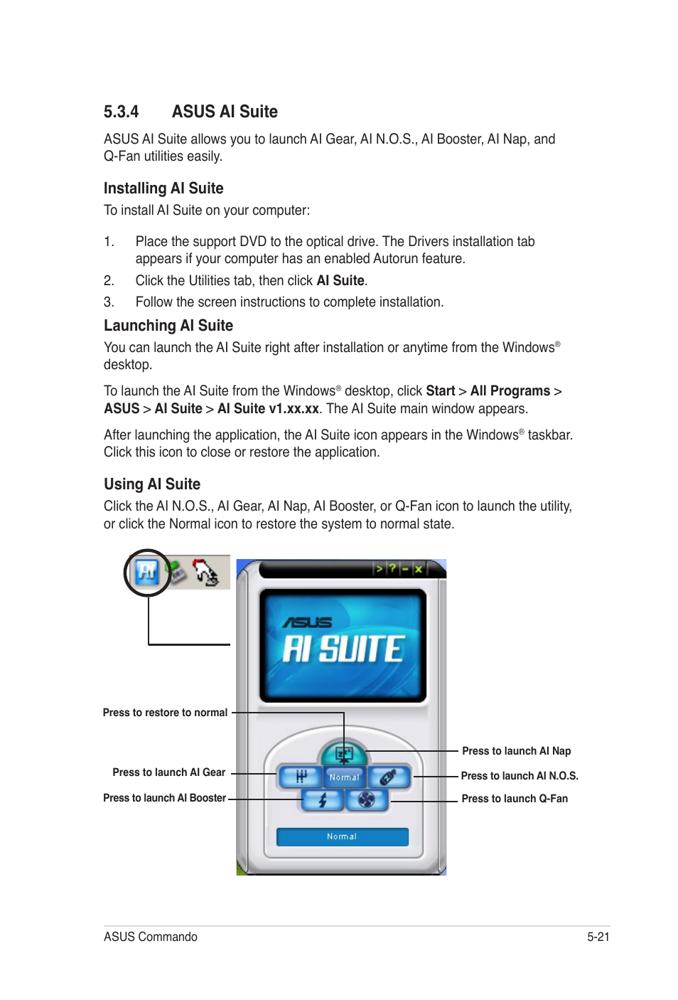 4 asus ai suite, Installing ai suite, Launching ai suite | Using ai suite | Asus E2938 User Manual | Page 131 / 154