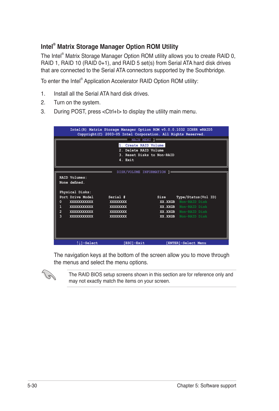 Intel, Matrix storage manager option rom utility, The intel | Asus E2938 User Manual | Page 140 / 154