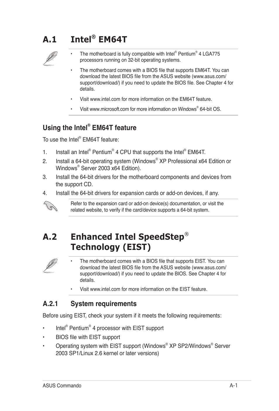 A.1 intel® em64t, Using the intel® em64t feature, A.2 enhanced intel speedstep® technology (eist) | A.2.1 system requirements, A.1 intel, Em64t, A.2 enhanced intel speedstep, Technology (eist), Using the intel, Em64t feature | Asus E2938 User Manual | Page 151 / 154