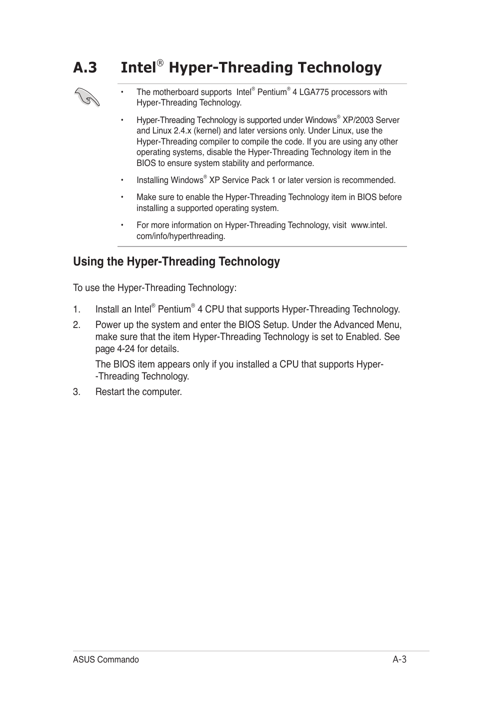 A.3 intel® hyper-threading technology, Using the hyper-threading technology, A.3 intel | Hyper-threading technology | Asus E2938 User Manual | Page 153 / 154