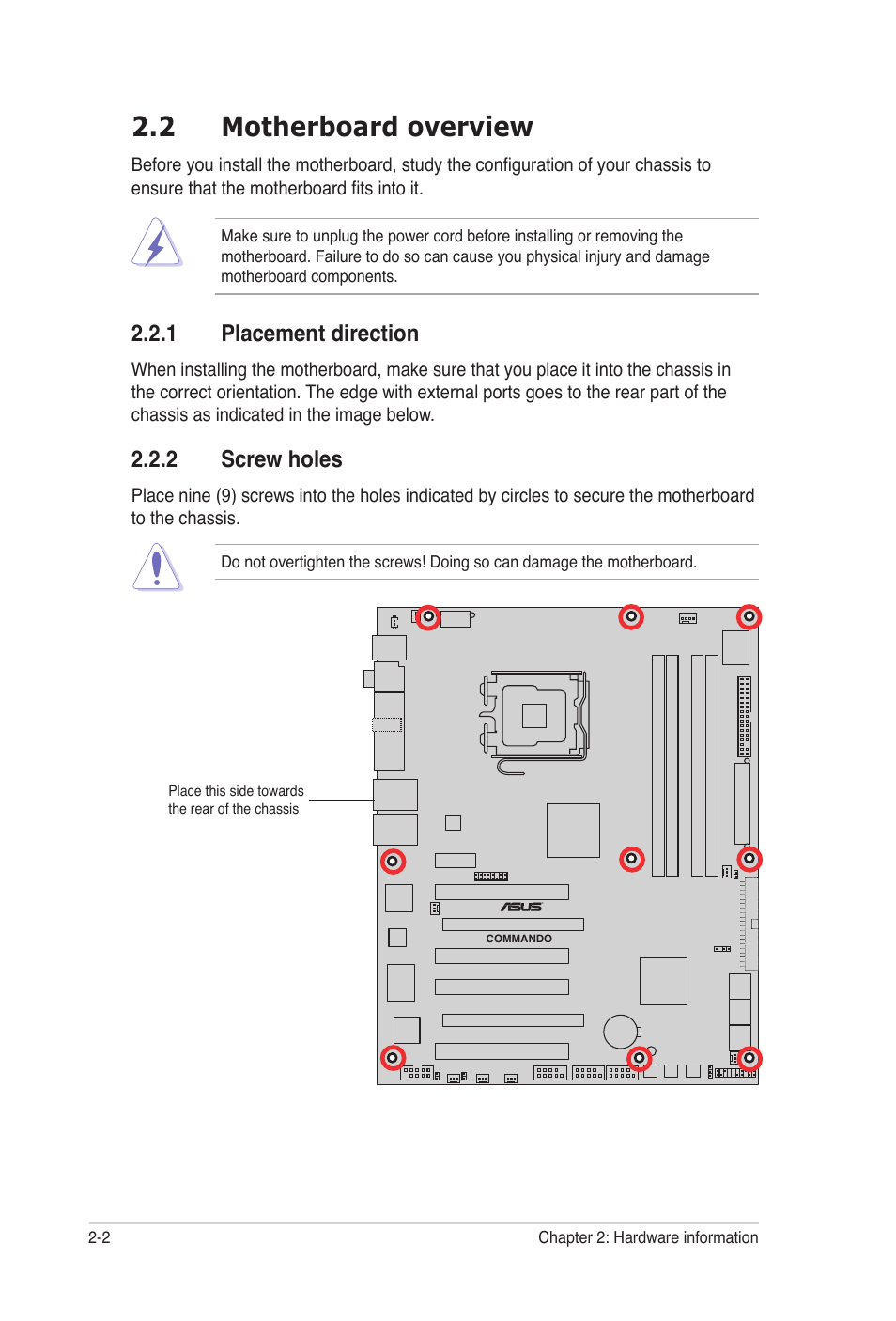 2 motherboard overview, 1 placement direction, 2 screw holes | Asus E2938 User Manual | Page 26 / 154