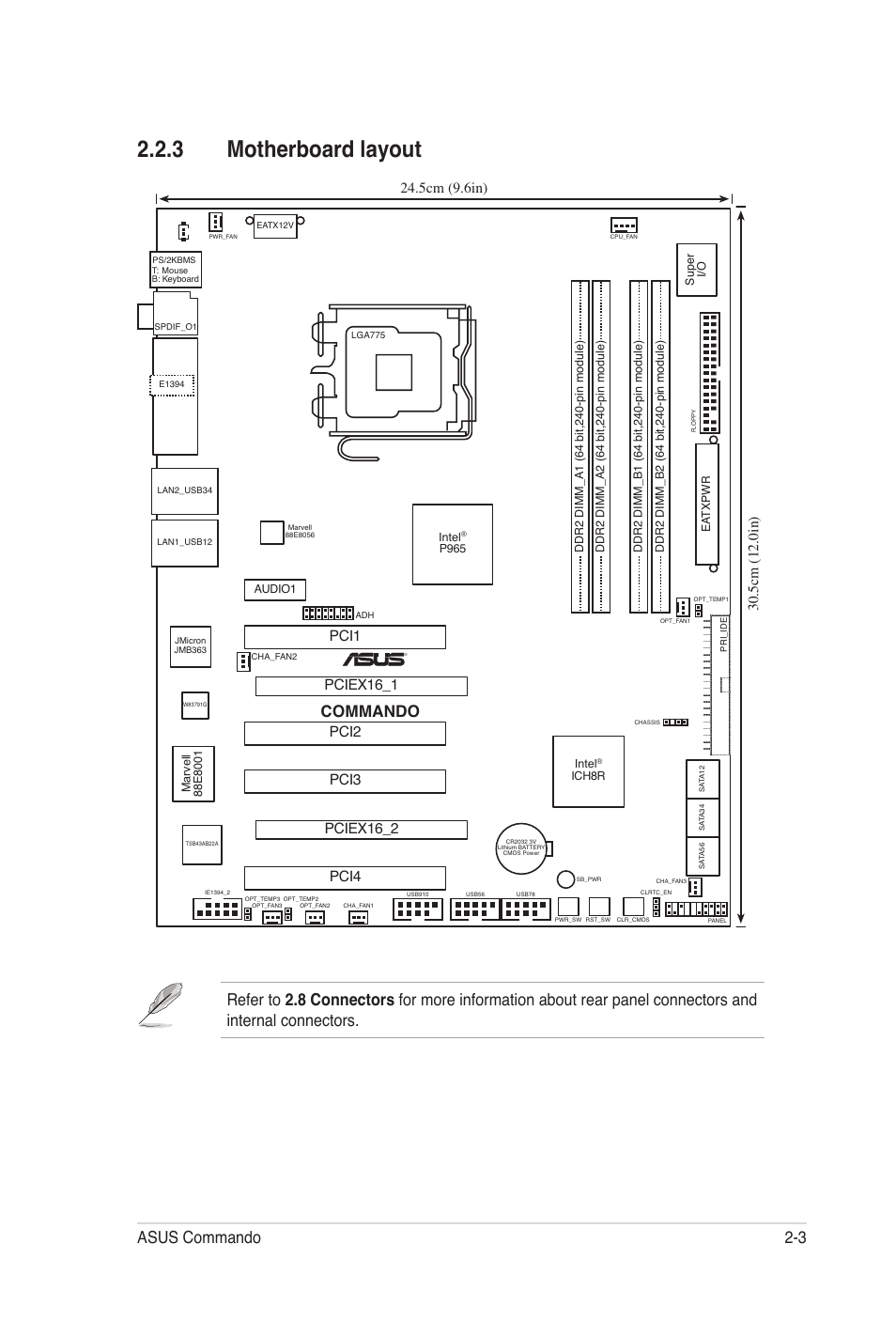 3 motherboard layout, Asus commando 2-3, Commando | 5cm (9.6in), Pciex16_1 pci1, Pci3 pci2 | Asus E2938 User Manual | Page 27 / 154