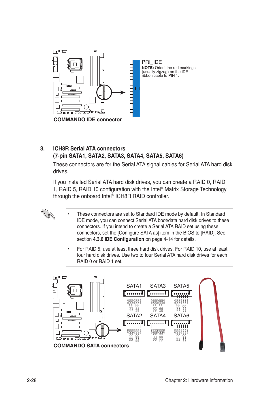 Ich8r raid controller, 28 chapter 2: hardware information, Commando ide connector | Pri_ide, Commando sata connectors sata1, Sata2, Sata3, Sata4, Sata5, Sata6 | Asus E2938 User Manual | Page 52 / 154