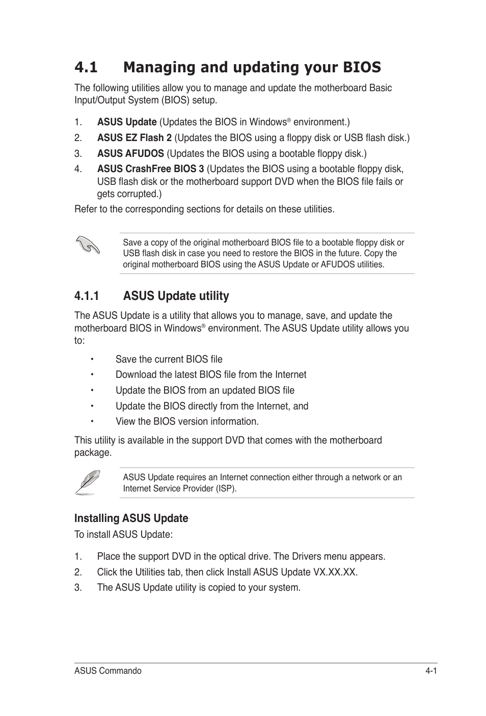 1 managing and updating your bios, 1 asus update utility | Asus E2938 User Manual | Page 69 / 154