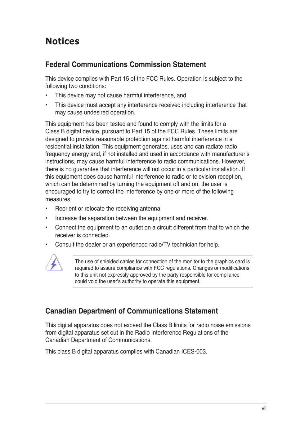 Notices, Federal communications commission statement, Canadian department of communications statement | Asus E2938 User Manual | Page 7 / 154