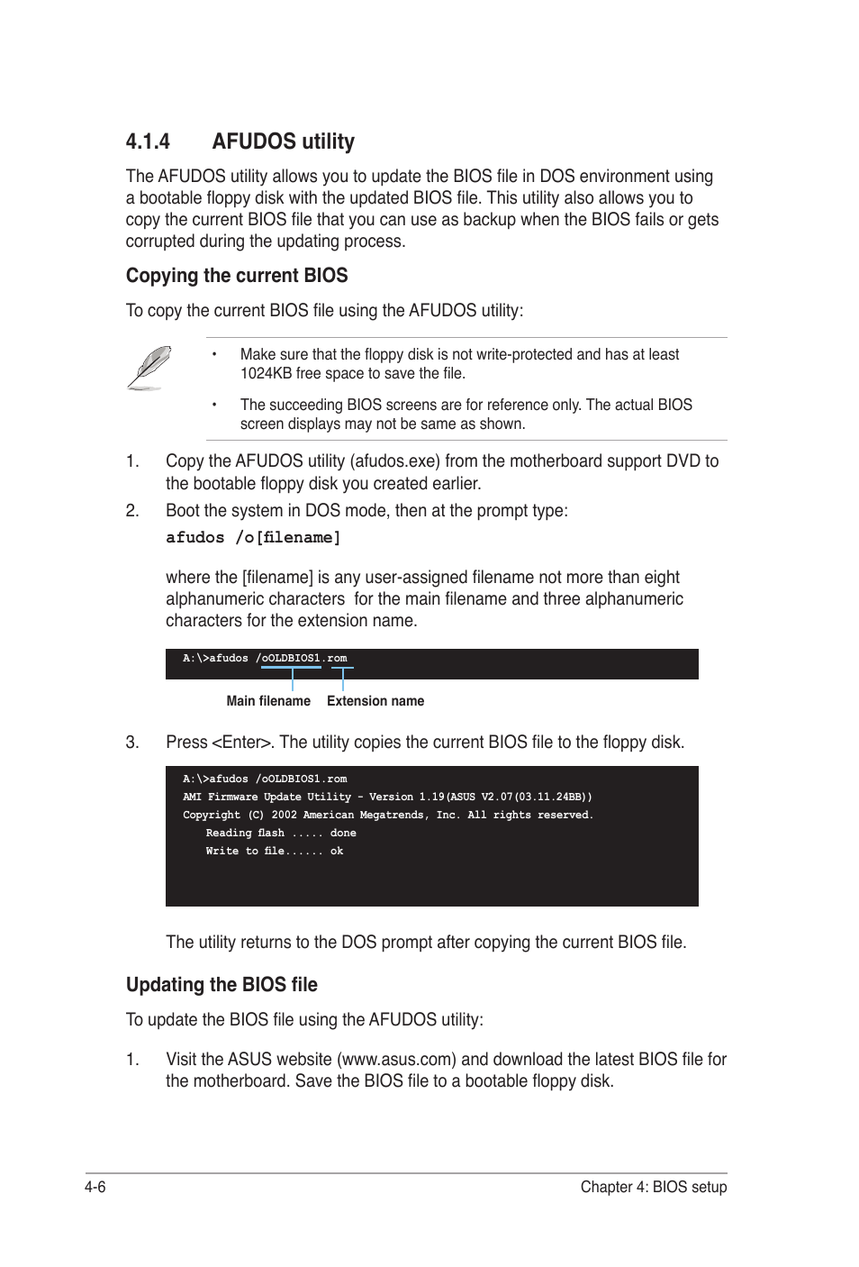 4 afudos utility, Copying the current bios, Updating the bios file | Asus E2938 User Manual | Page 74 / 154