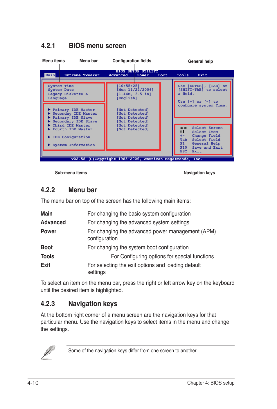 1 bios menu screen, 2 menu bar, 3 navigation keys | Asus E2938 User Manual | Page 78 / 154