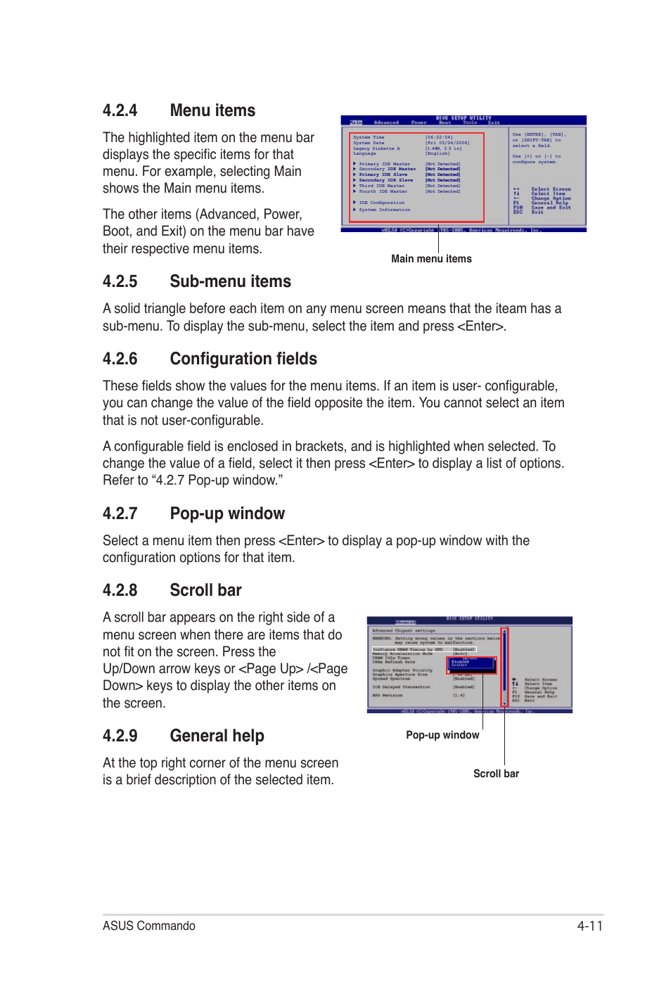 4 menu items, 5 sub-menu items, 6 configuration fields | 7 pop-up window, 8 scroll bar, 9 general help, Asus commando 4 | Asus E2938 User Manual | Page 79 / 154