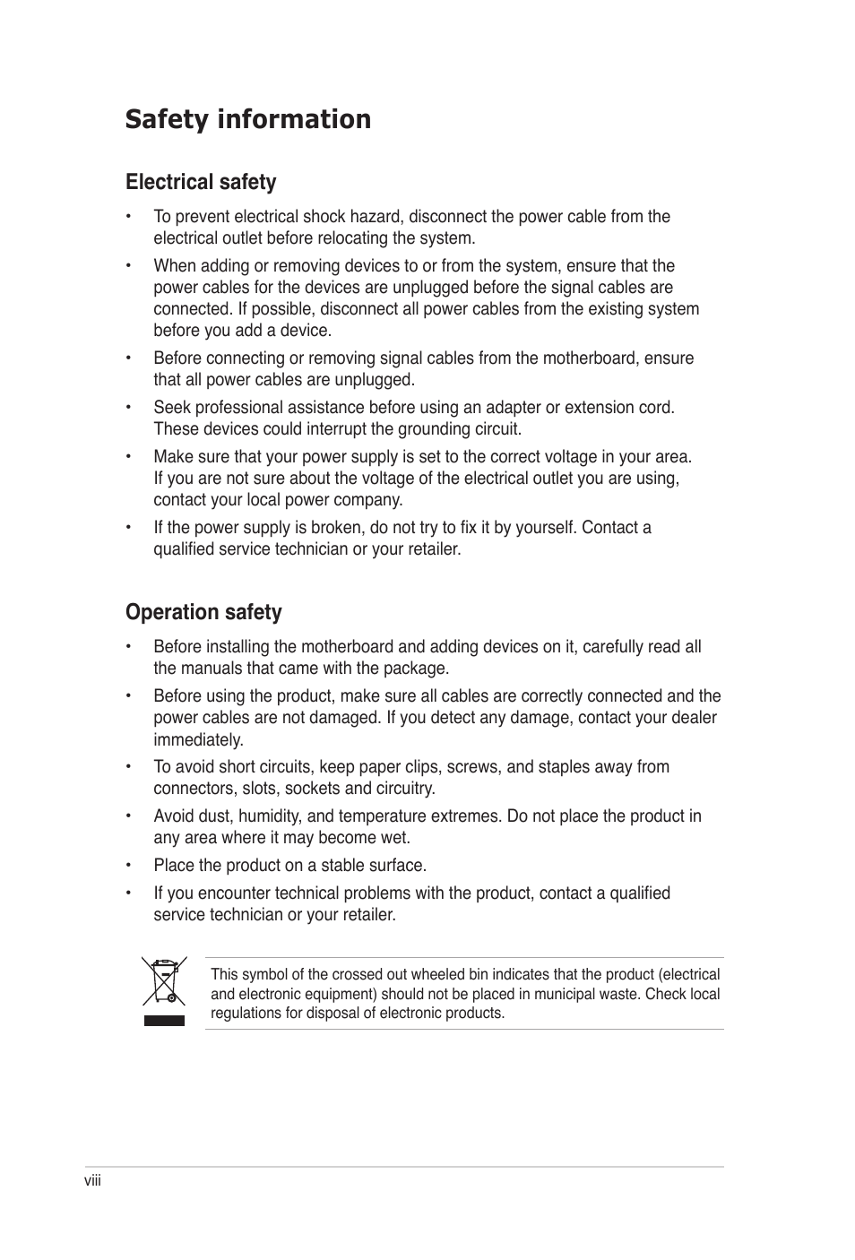 Safety information, Electrical safety, Operation safety | Asus E2938 User Manual | Page 8 / 154