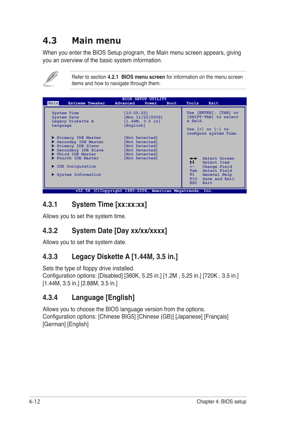 3 main menu, 1 system time [xx:xx:xx, 2 system date [day xx/xx/xxxx | 3 legacy diskette a [1.44m, 3.5 in, 4 language [english, Allows you to set the system time, Allows you to set the system date | Asus E2938 User Manual | Page 80 / 154