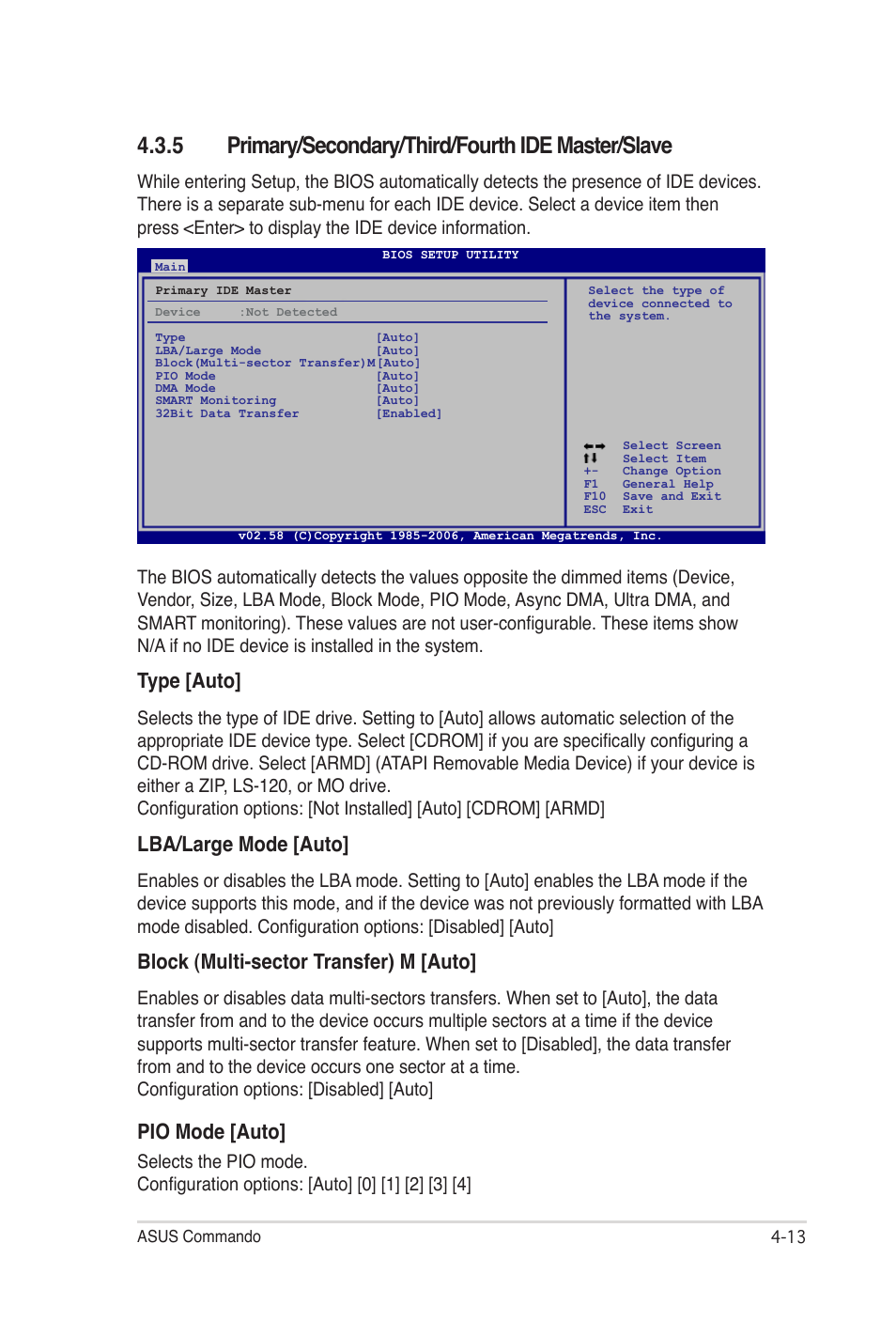 5 primary/secondary/third/fourth ide master/slave, Type [auto, Lba/large mode [auto | Block (multi-sector transfer) m [auto, Pio mode [auto | Asus E2938 User Manual | Page 81 / 154