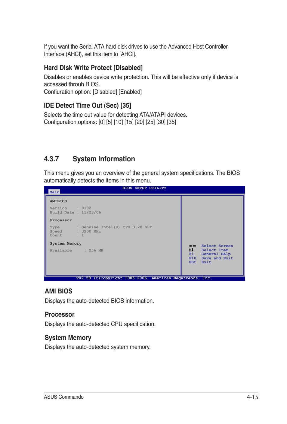 7 system information, Ami bios, Processor | Hard disk write protect [disabled, Ide detect time out (sec) [35 | Asus E2938 User Manual | Page 83 / 154