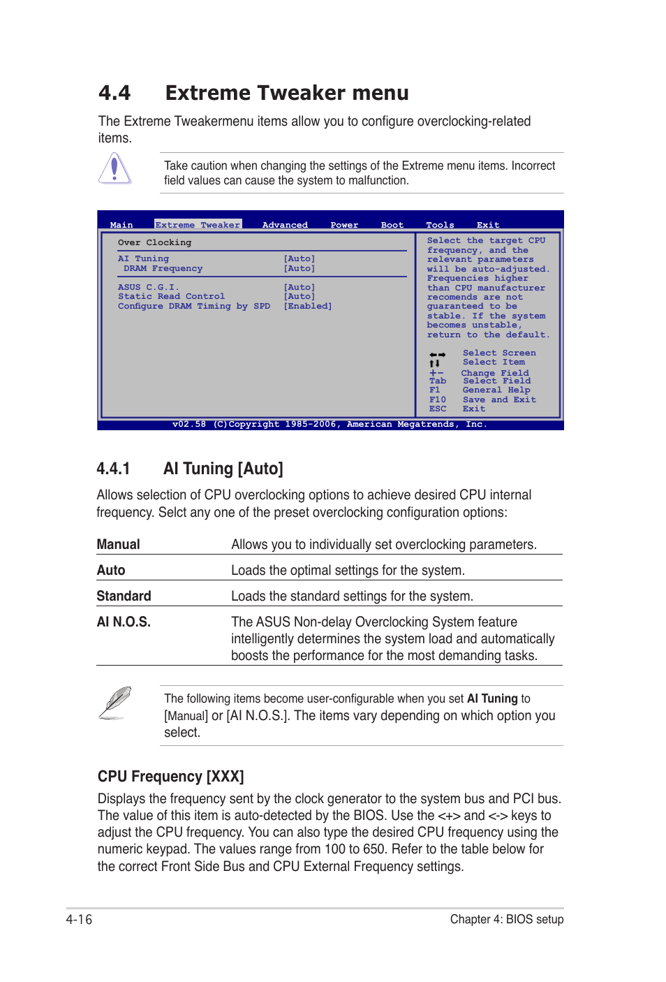 4 extreme tweaker menu, 1 ai tuning [auto, Cpu frequency [xxx | Asus E2938 User Manual | Page 84 / 154