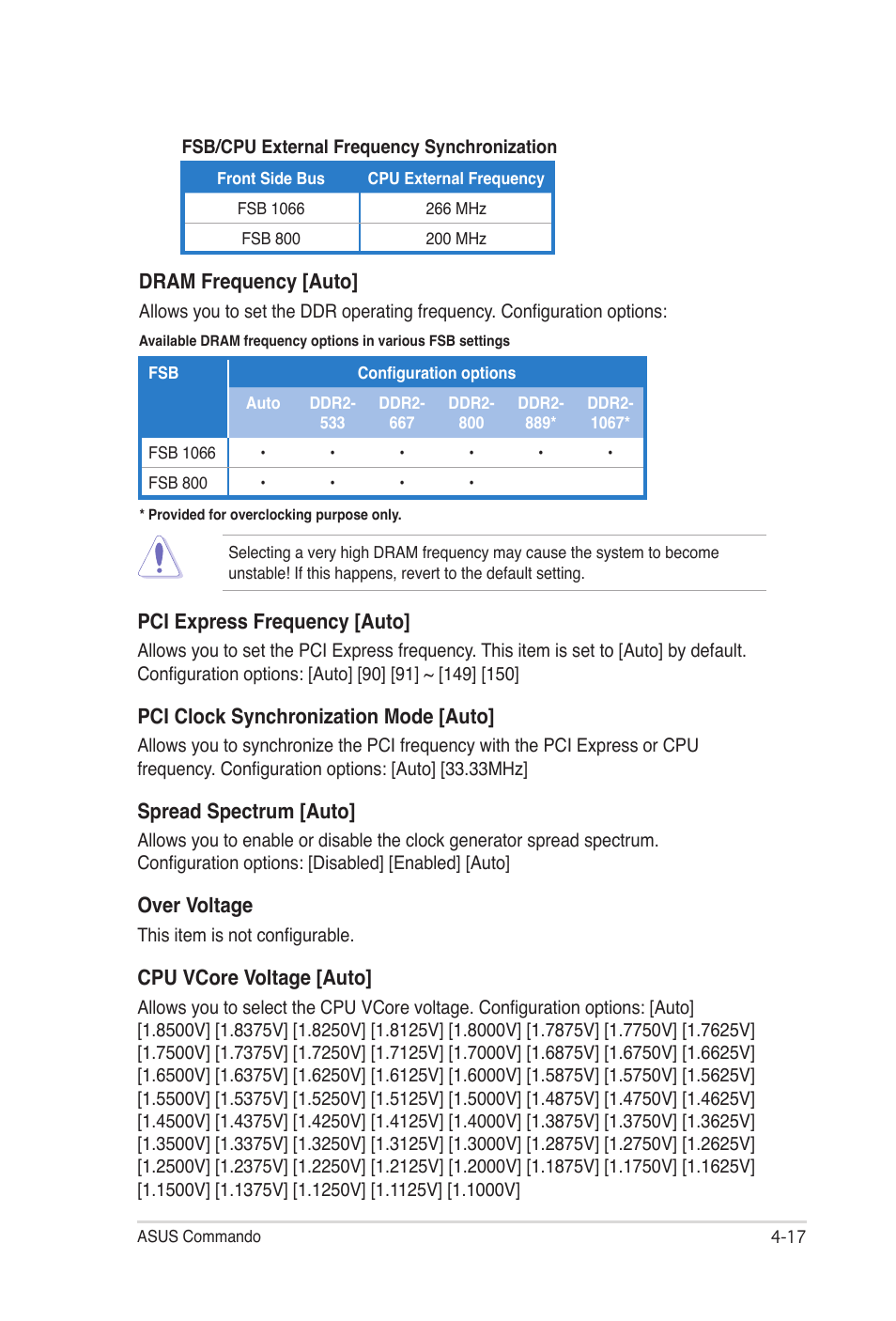 Dram frequency [auto, Pci express frequency [auto, Pci clock synchronization mode [auto | Spread spectrum [auto, Over voltage, Cpu vcore voltage [auto | Asus E2938 User Manual | Page 85 / 154